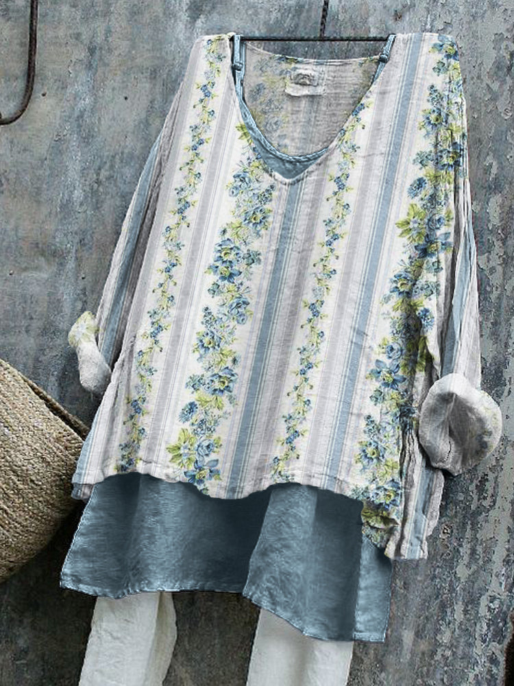 Comstylish Vintage Floral Striped Pattern Linen Tunic