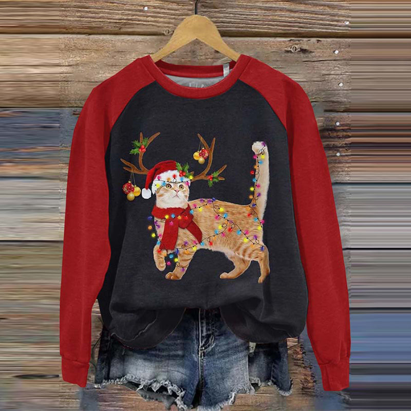 Comstylish Vintage Reindeer Norwegian Forest Cat Santa Hat Christmas Light Pattern Print Ladies Sweatshirt