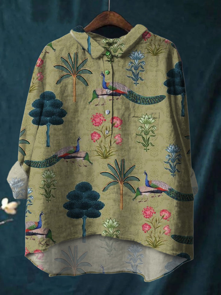 Ethnic Style Peacock Plant Print Cotton And Linen Shirt