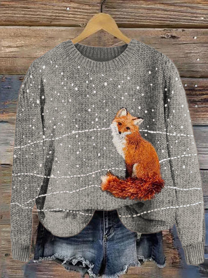 Fuzzy Fox in the Snow Embroidery Cozy Knit Sweater artswardrobe