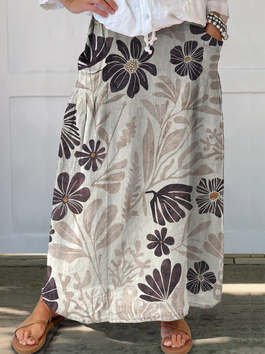 Women's Floral Art Printed Linen Pocket Skirt