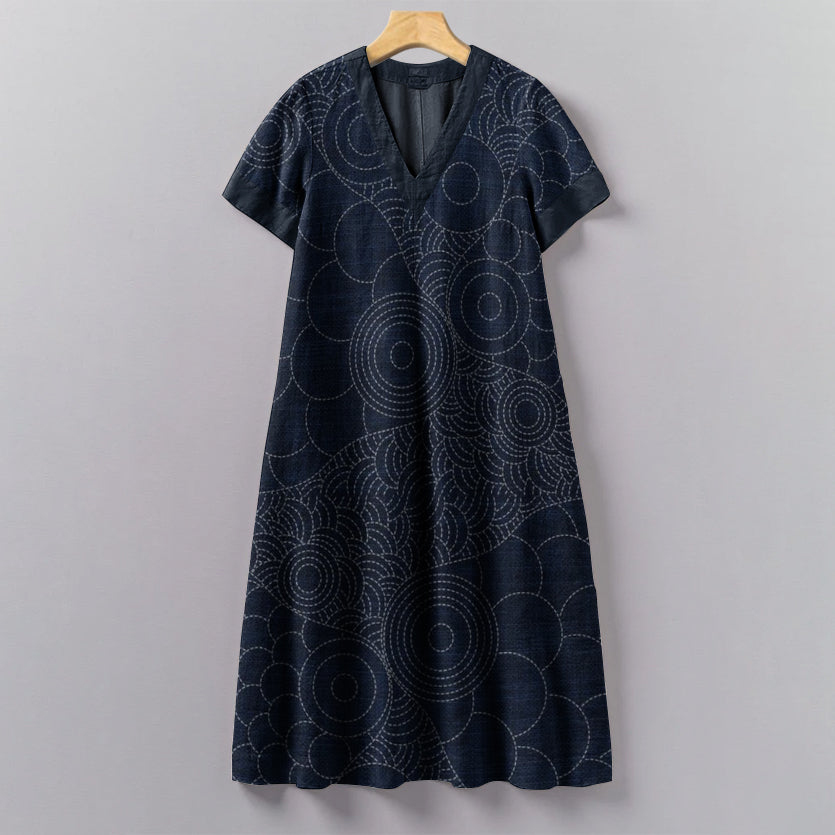 Comstylish Vintage Japanese Traditional Sashiko Art Pattern Painting V-Neck Dress