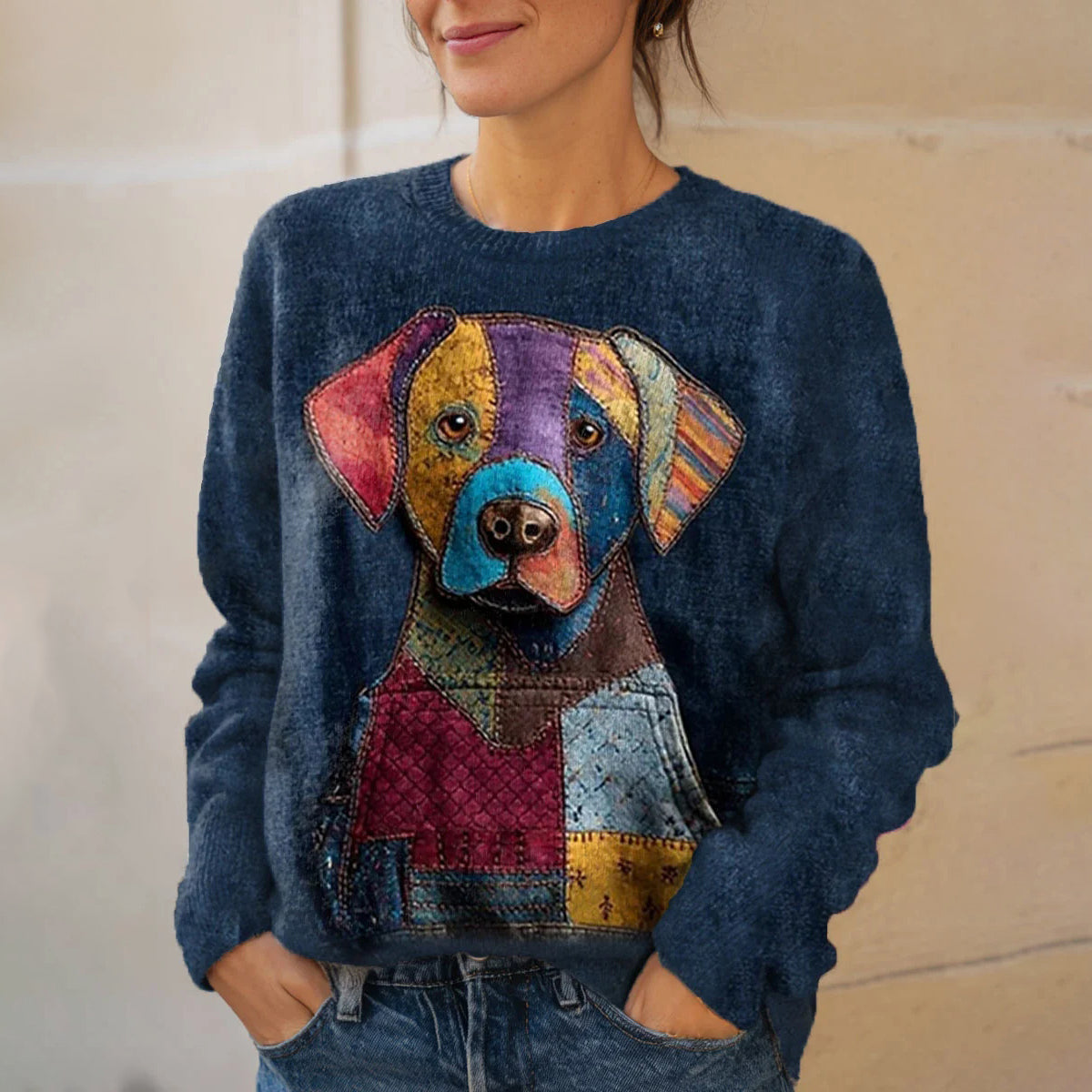 Vintage Funny Dog Art Print Knit Pullover Sweater elevenforest