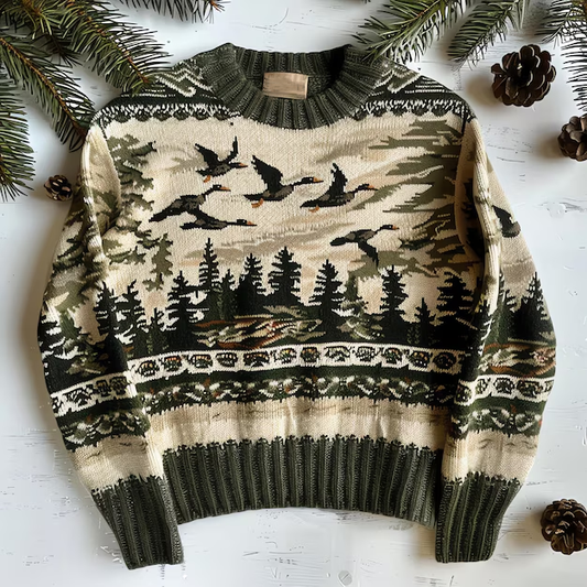Vintage Forest And Birds Pattern Warmth Knitted Jacquard Unisex Sweater elevenforest