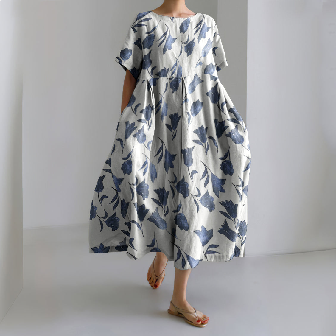 Comstylish Vintage Floral Print Round Neck Short Sleeve Midi Dress