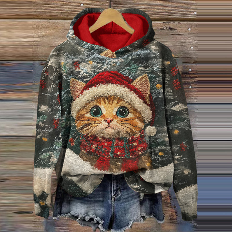 Comstylish Vintage Christmas Cat Print Long Sleeve Casual Hoodie