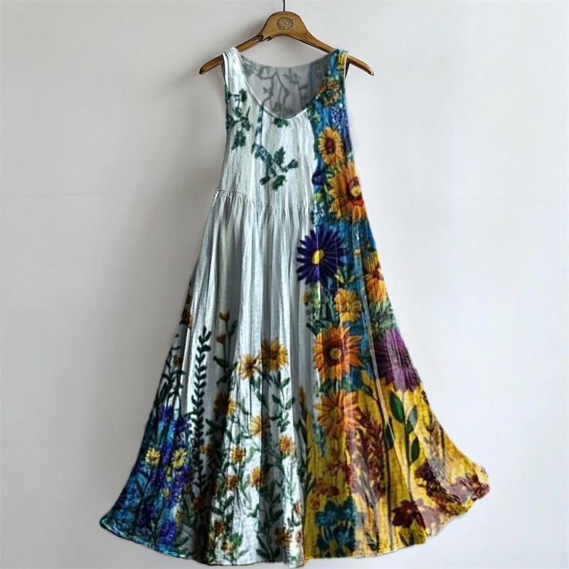 Women's Bohemian Floral Art Print Crew Neck Sleeveless Cotton Pocket D