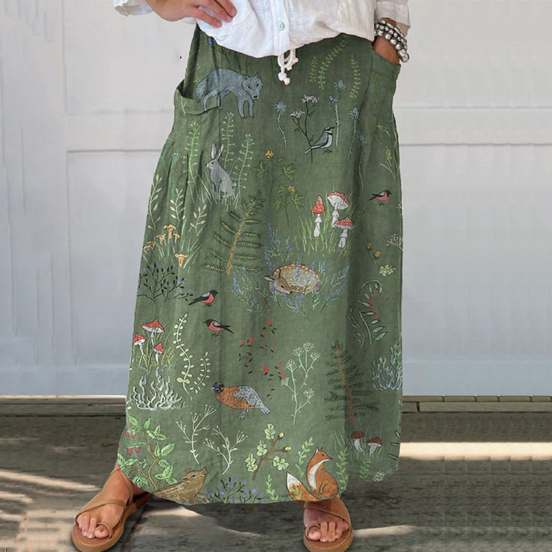 Women's Floral Animal Print Linen Pocket Skirt artswardrobe