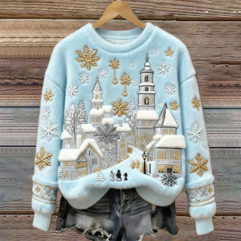 Christmas Snow Scene Embroidery Women's Cozy Plush Sweater artswardrobe