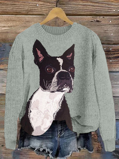 Comstylish Boston Terrier Dog Embroidered Cozy Sweater