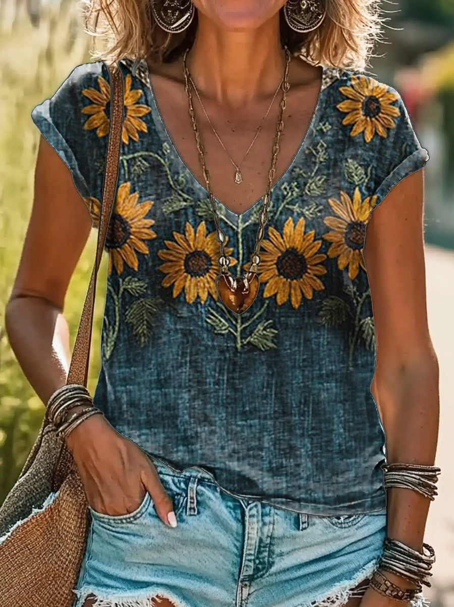 Bohemian Floral Art Print 100%Cotton V-neck T-Shirt
