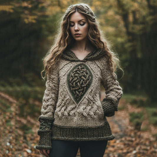 Women's Irish Celtic Knot Jacquard Top Hooded Sweater elevenforest