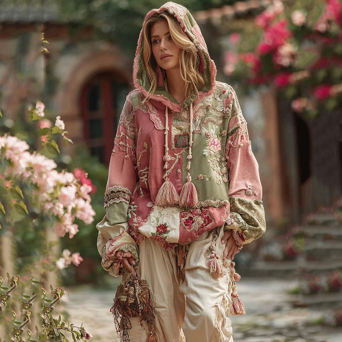 Comstylish Women's Bohemian Floral And Rose Patchwork Cozy Warm Hoodie