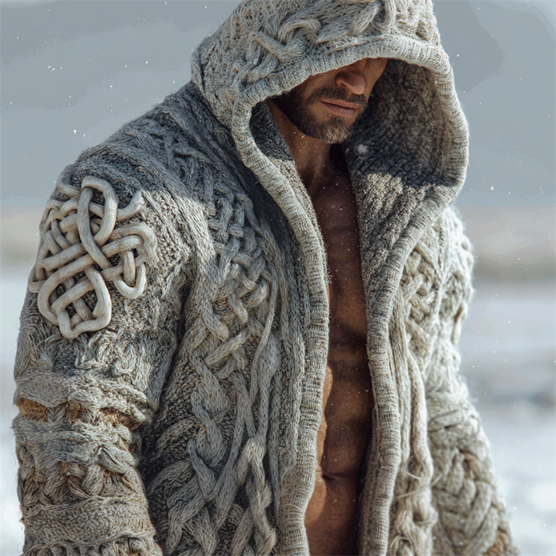 Men's Vintage Viking Celtic Knot Chunky Cozy Hooded Cardigan artswardrobe