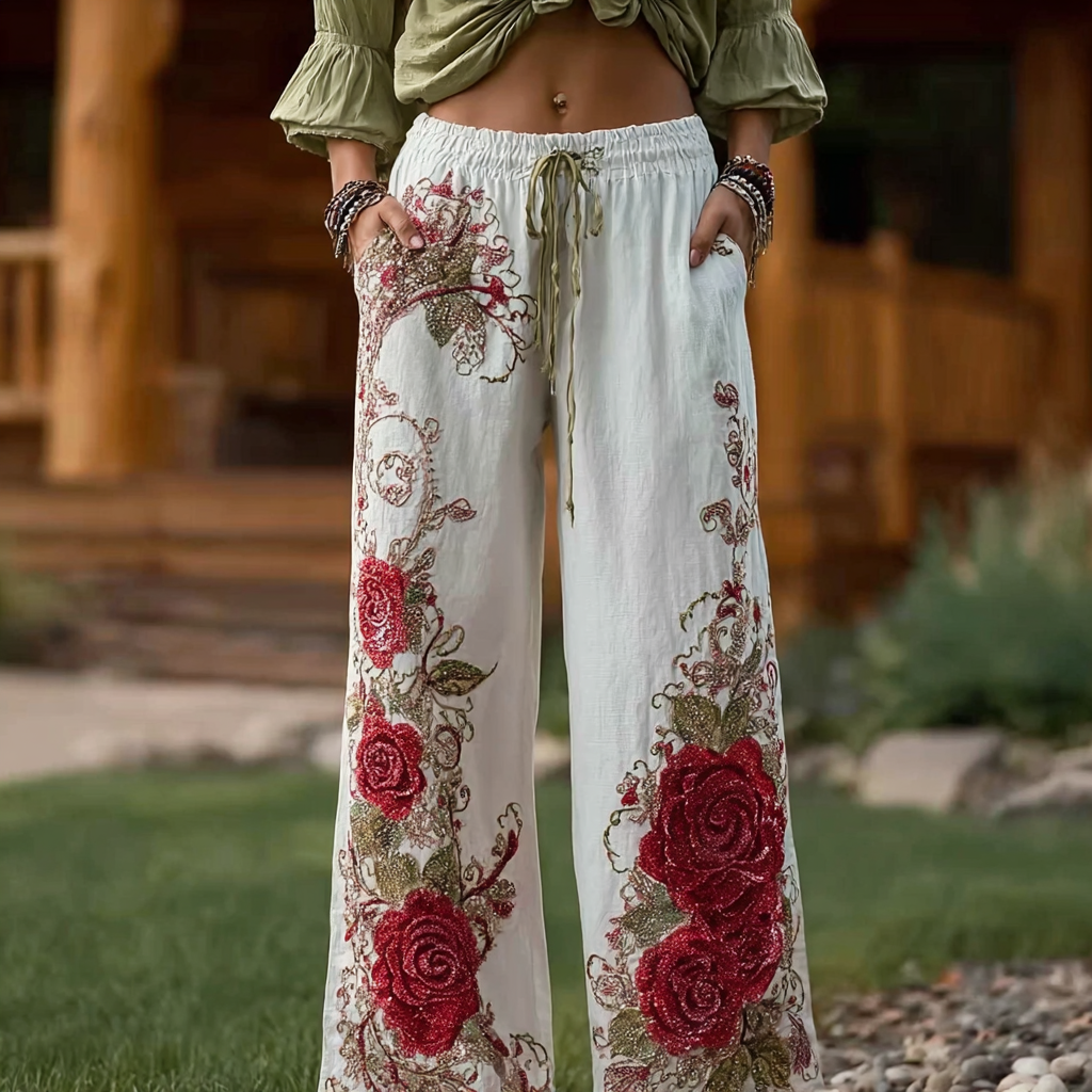 Retro Red Rose Pattern Casual Cotton And Linen Long Pants 2 elevenforest