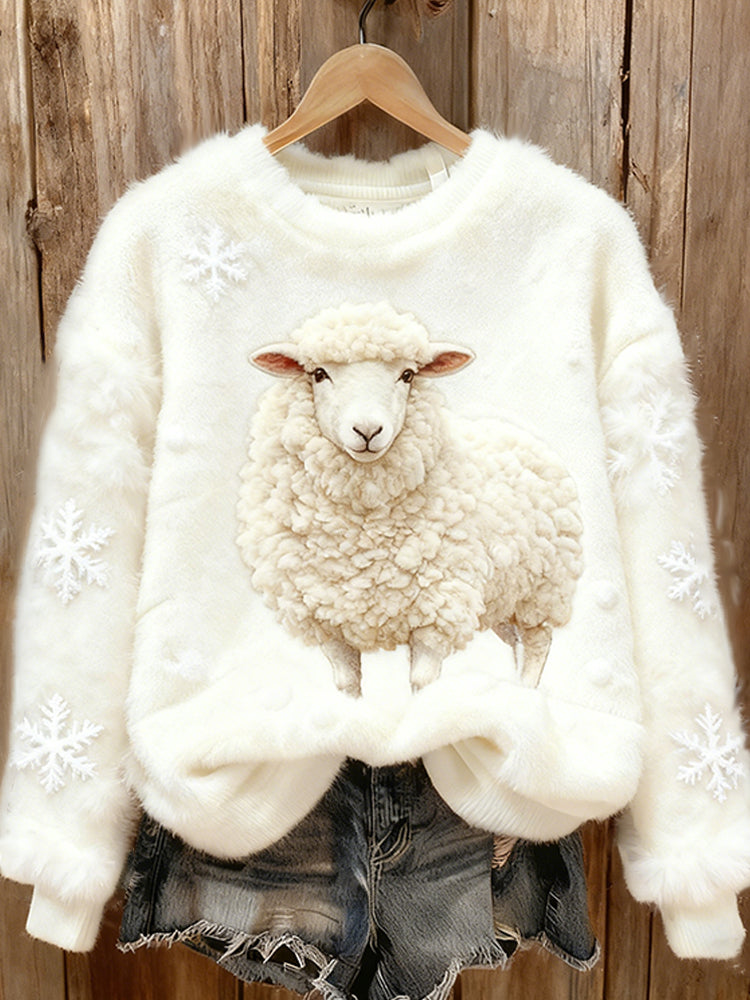 Comstylish Lost Little Sheep Flannel Warm Round Neck Sweatshirt