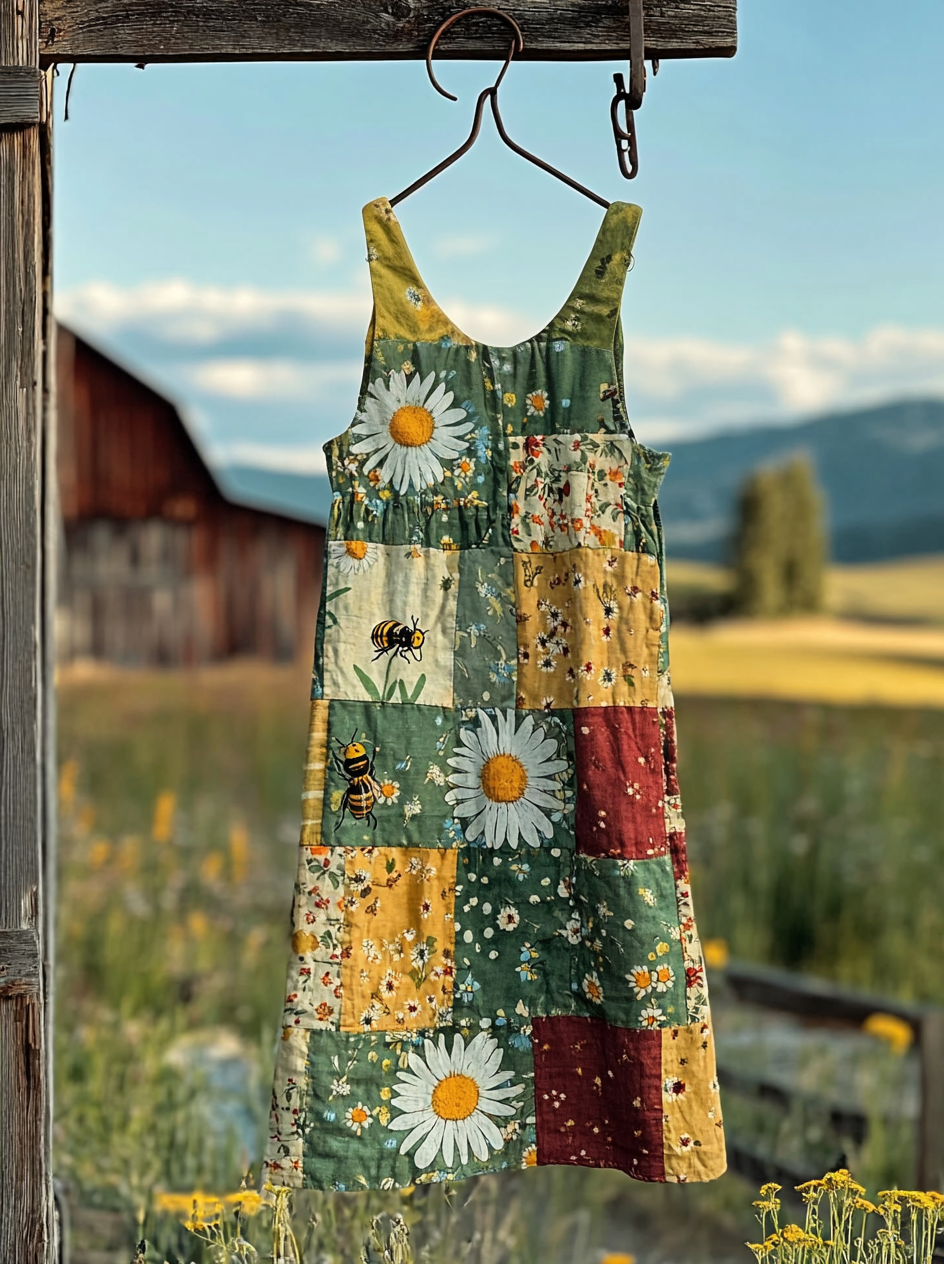 Bee Sunflower Floral Print Embroidery Art Linen Tank Midi Dress artswardrobe