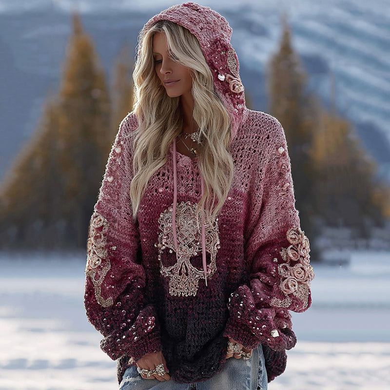 Women's Vintage Skull And Floral Gradient Art Knit Hooded Sweater artswardrobe