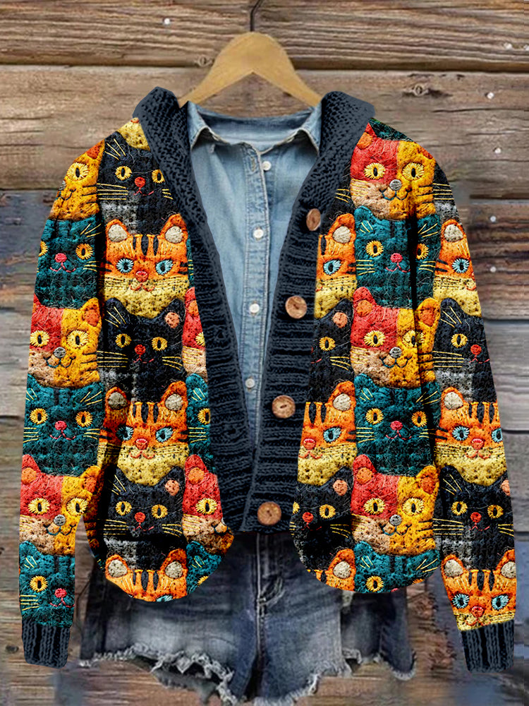 Cute Cats Felt Art Cozy Hooded Cardigan elevenforest