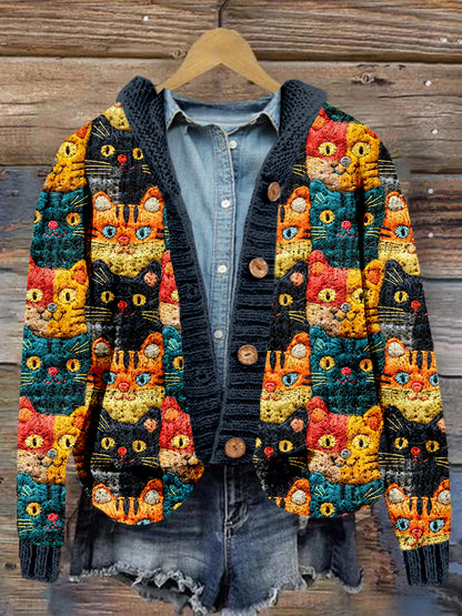 Cute Cats Felt Art Cozy Hooded Cardigan elevenforest