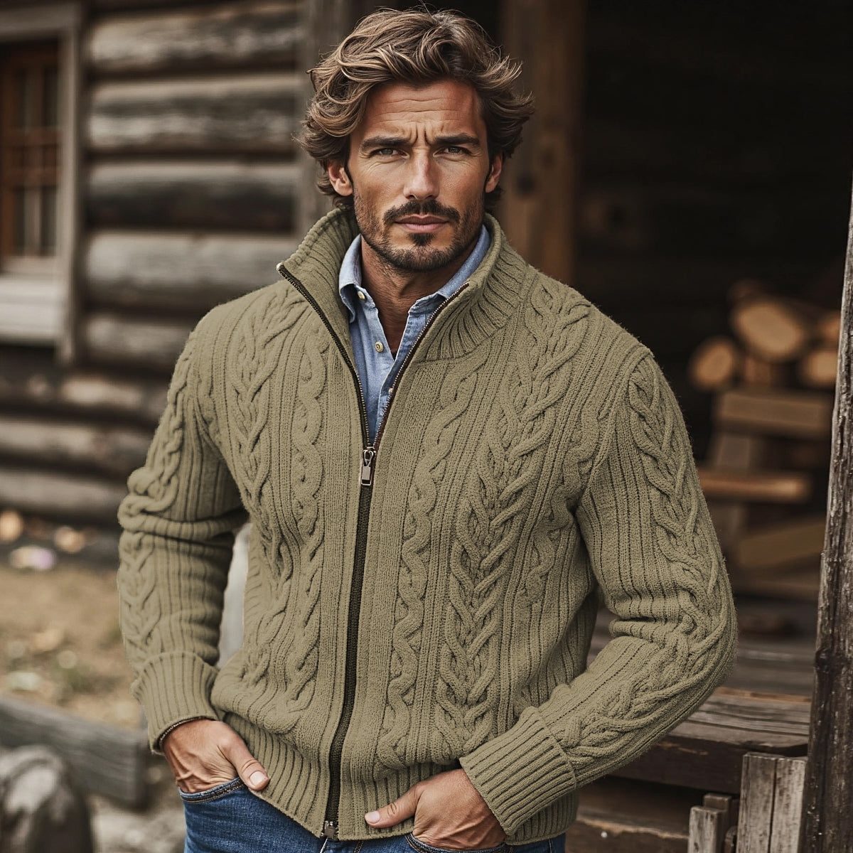 Men'S Burlap Pattern Stand Collar Zipper Sweater elevenforest