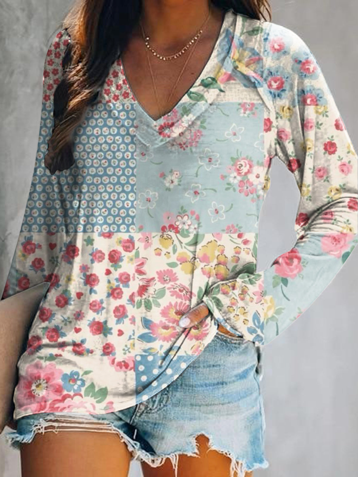 Women's Casual Vintage Floral Patchwork Art Print V Neck Long Sleeve T