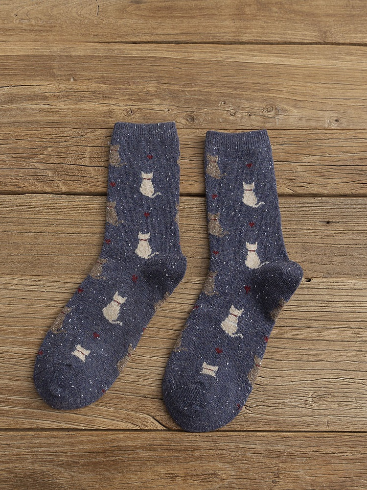 Comstylish Lovely Cats & Heart Pattern Comfy Knit Socks