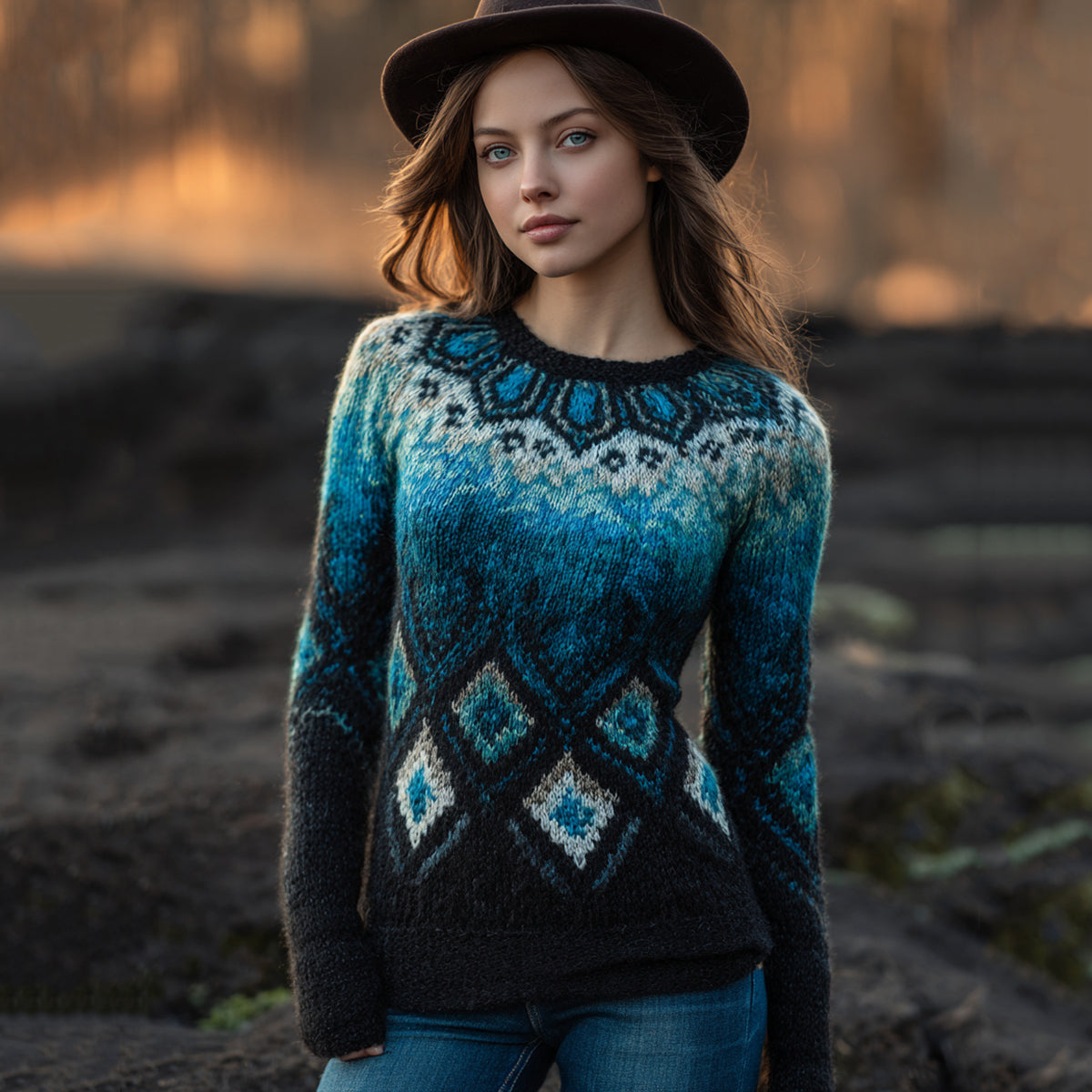 Women's Retro Icelandic Geometric Gradient Pattern Cozy Knit Sweater elevenforest