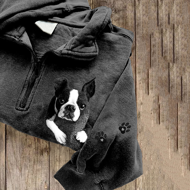 Comstylish Cute Boston Terrier Lazy Puppy Applique Wool Felt Art Zipper Sweatshirt