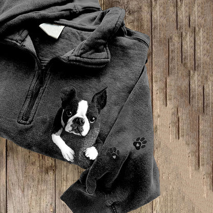 Comstylish Cute Boston Terrier Lazy Puppy Applique Wool Felt Art Zipper Sweatshirt