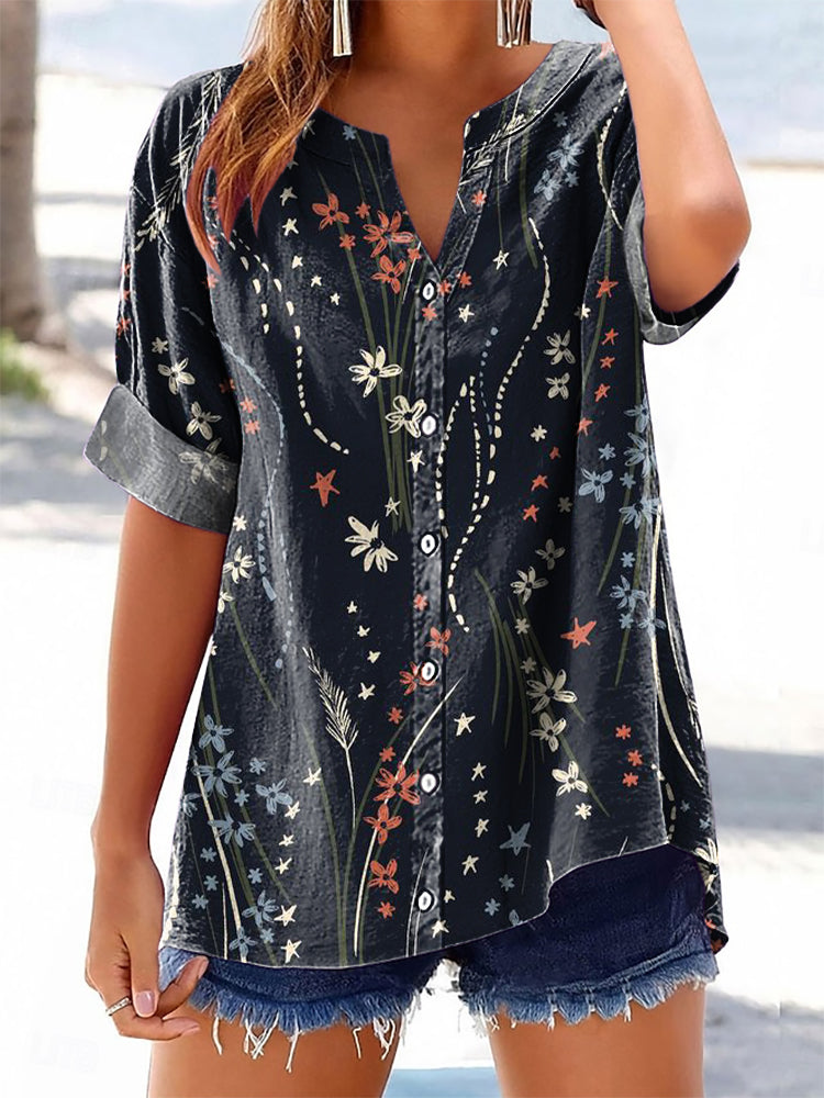 Women's Flower Art Print Casual Cotton And Linen Shirt