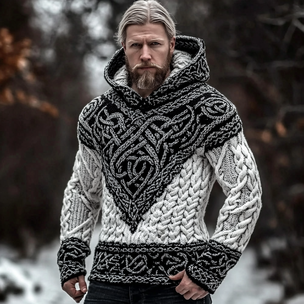 Men's Vintage Viking Celtic Jacquard Chunky Hooded Sweater elevenforest
