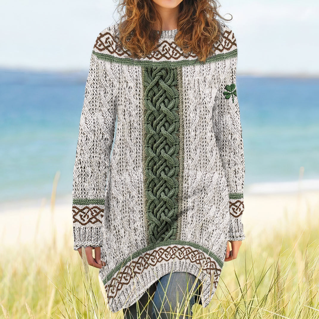 Women's Irish Celtic Knotted Shamrock Contrast Jacquard Sweater Dress elevenforest