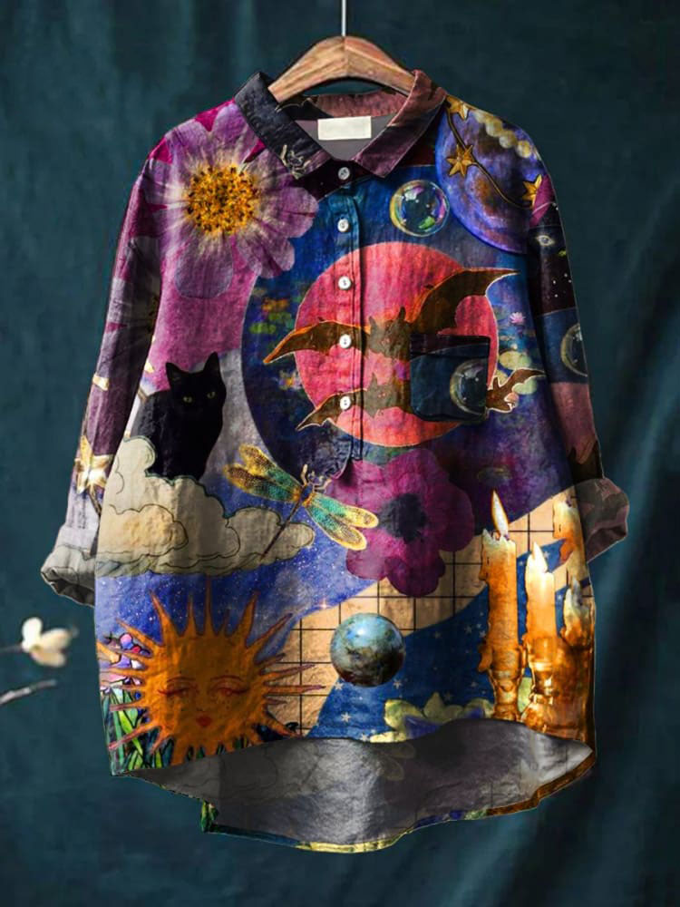 Women's Retro  Art Print Casual Cotton And Linen Shirt