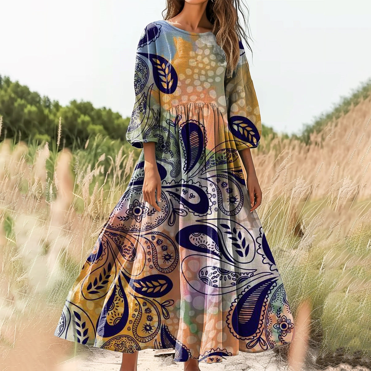 Women's Floral Art Print Cotton Crew Neck Dress