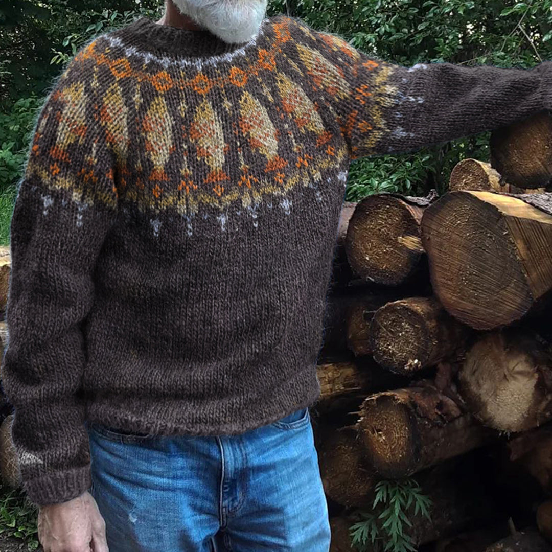 Men's Vintage Halibut Fish Jacquard Iceland Line Crew Neck Sweater elevenforest