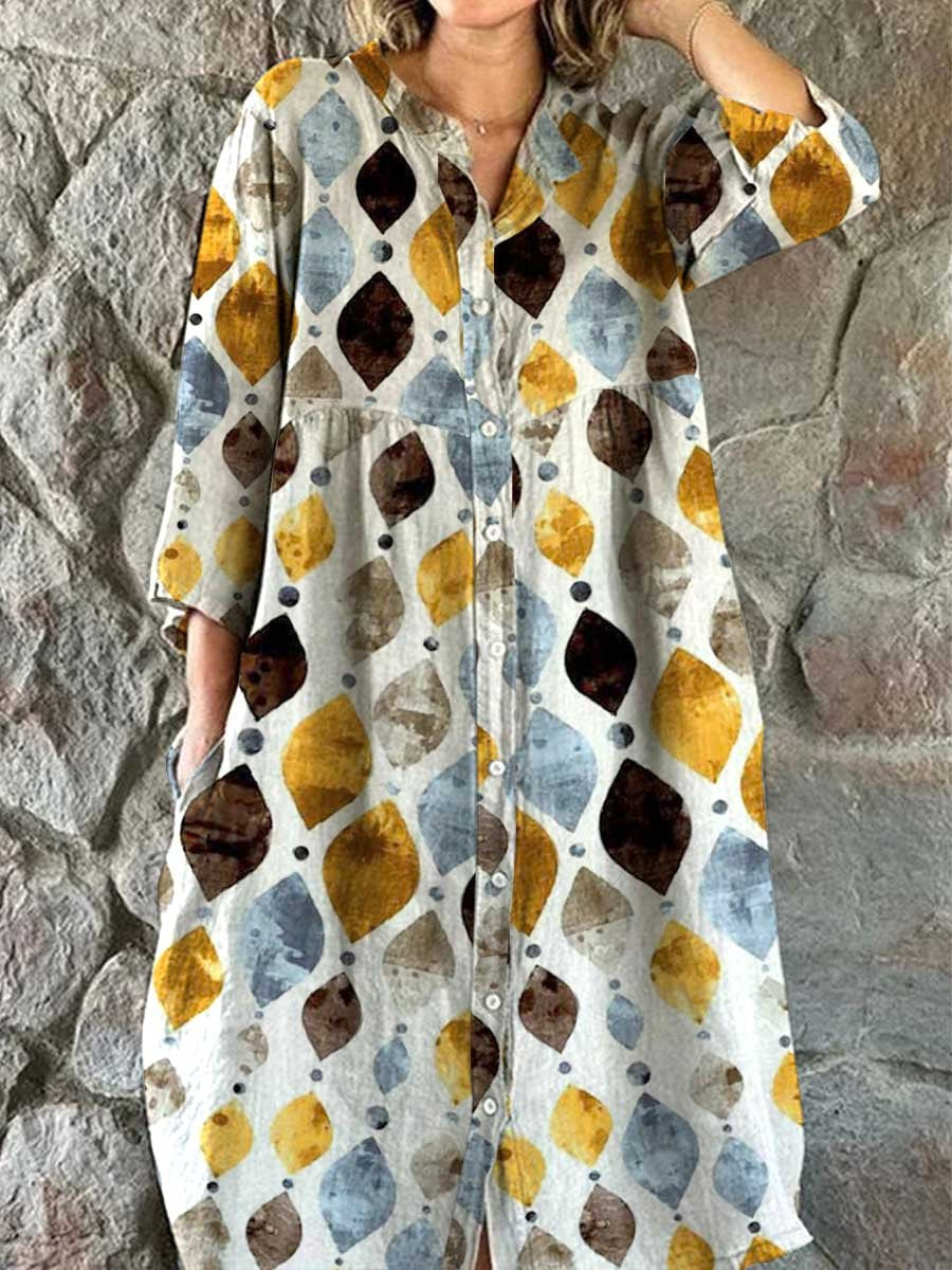Women's Resort Boho Geometric Pattern Cotton and Linen Shirt Dress