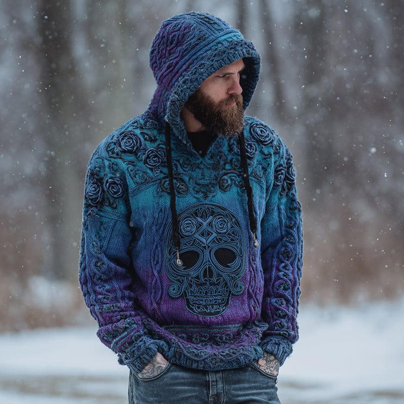 Men's Viking Tribal Jacquard Celtic With Rose And Skull Inspired Chunky Knit Hooded Sweater artswardrobe