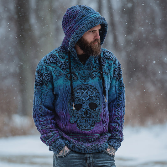 Men's Viking Tribal Jacquard Celtic With Rose And Skull Inspired Chunky Knit Hooded Sweater elevenforest