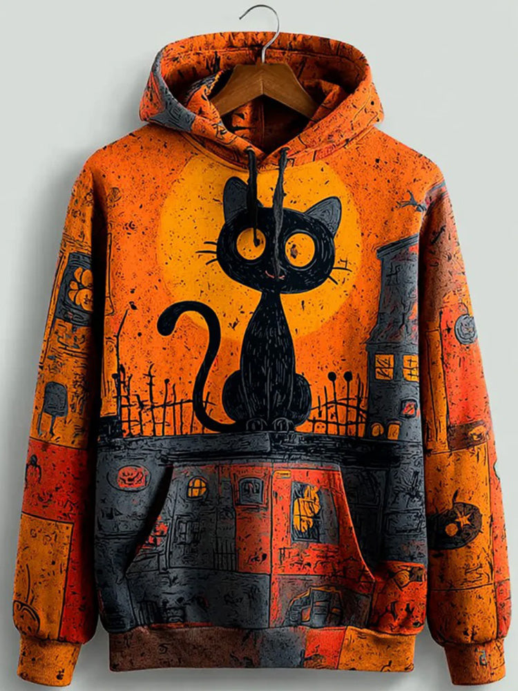 Vintage Halloween Patchwork Black Cat Print Art Casual Hoodie artswardrobe
