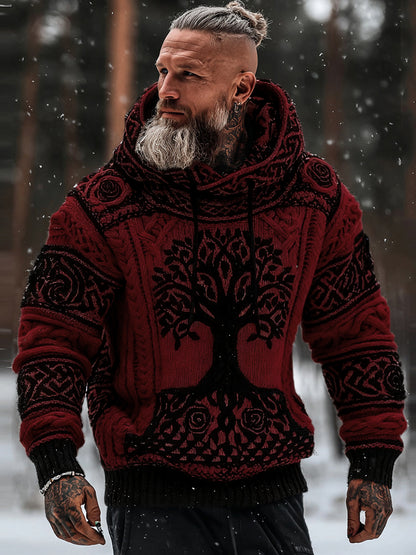 Men's Viking Tribal Jacquard Celtic With Rose And Tree Of Life Inspired Chunky Knit Hooded Sweater elevenforest