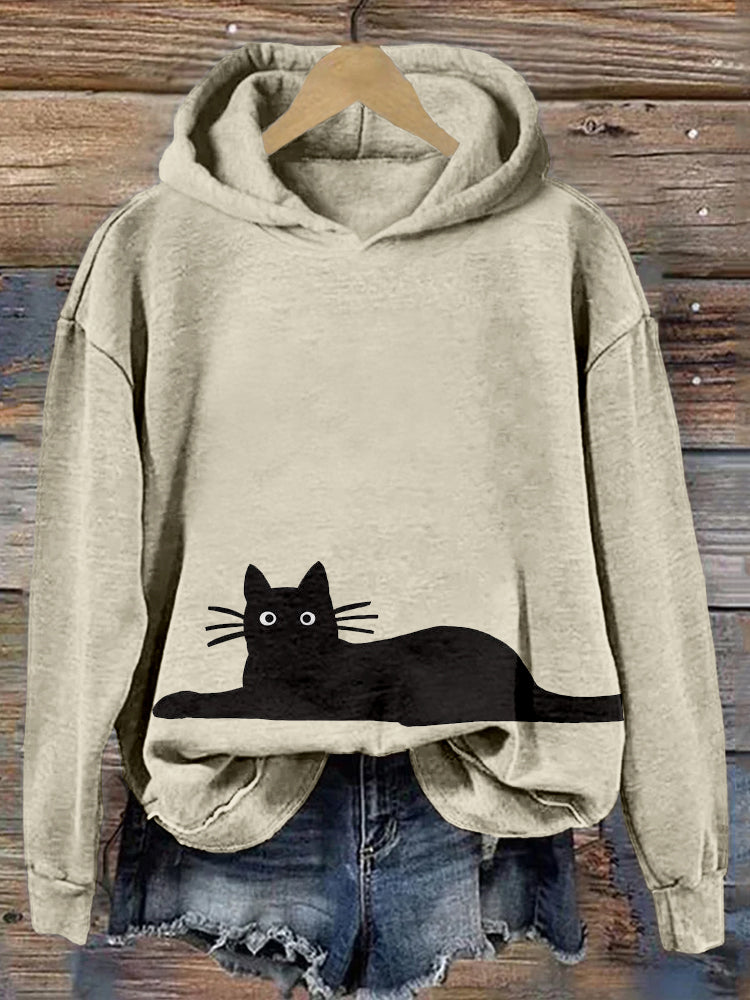 Cute Black Cat Pattern Print Vintage Cozy Hoodie elevenforest