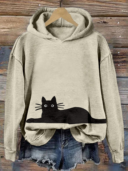 Cute Black Cat Pattern Print Vintage Cozy Hoodie elevenforest