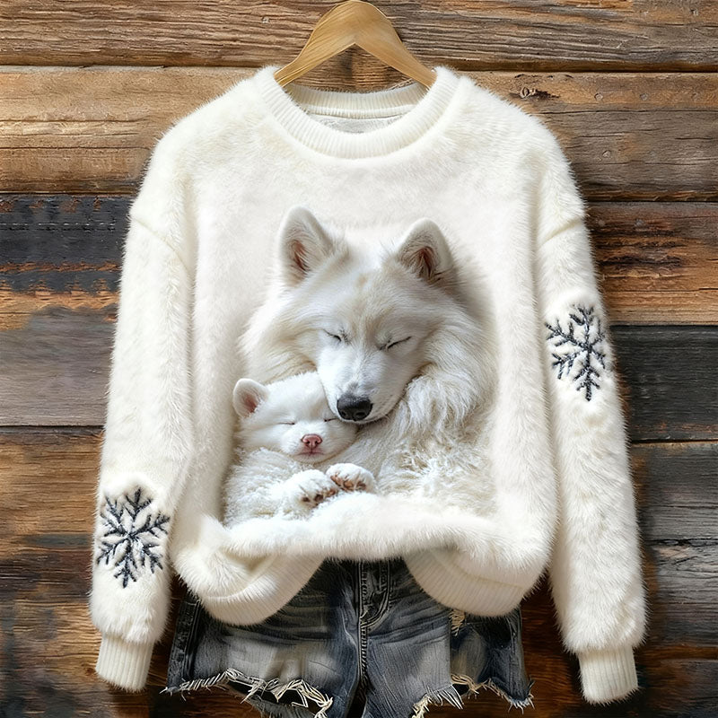 Christmas Snowflake And Sleeping Wolf Pattern Plush Thermal Sweater