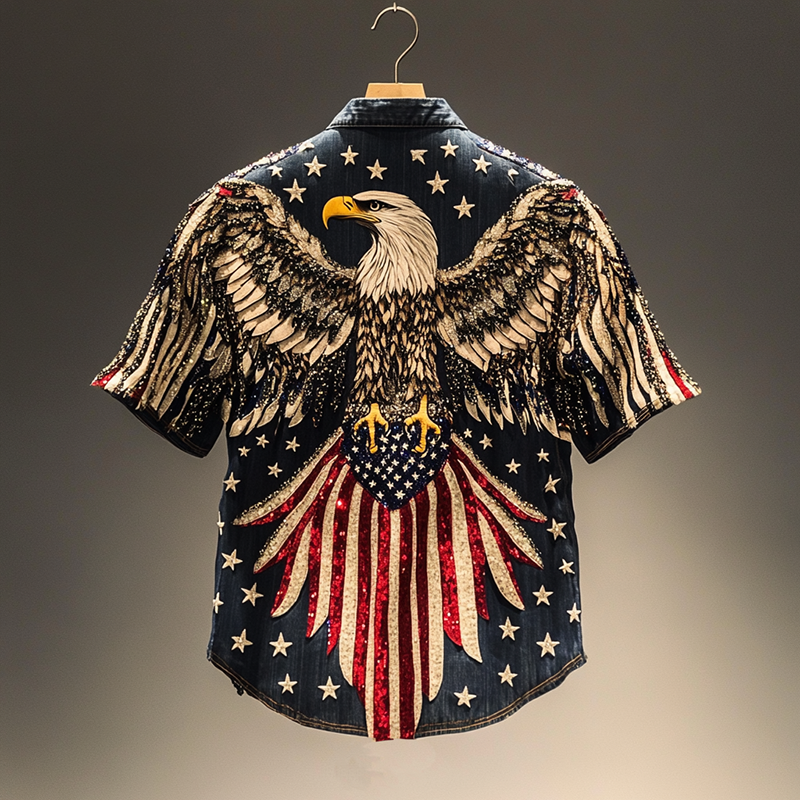 Comstylish Women's Vintage Flag And Bald Eagle Denim Shirt