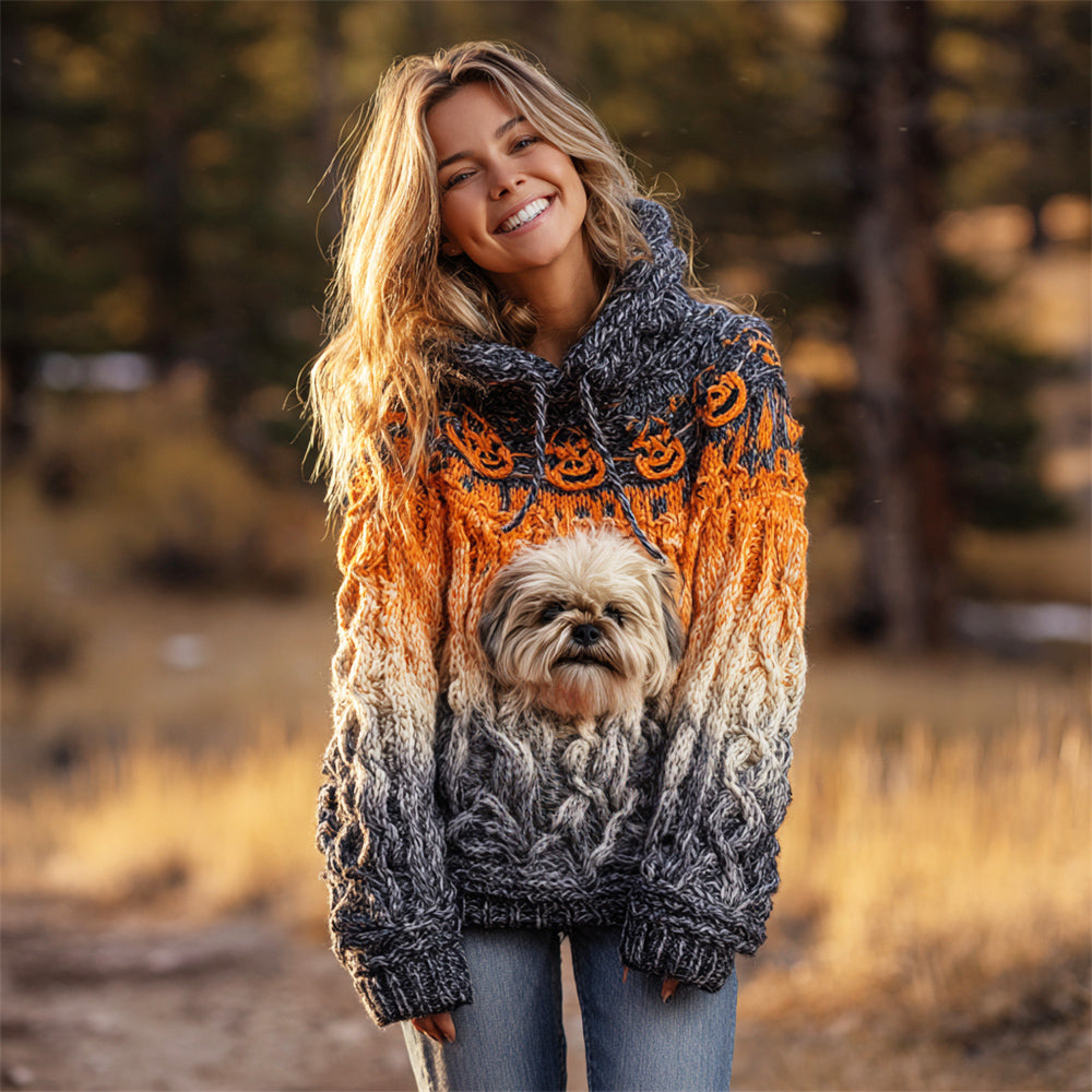 Halloween Plush Pet Dog Gradient Women's Chunky Knit Hooded Sweater artswardrobe