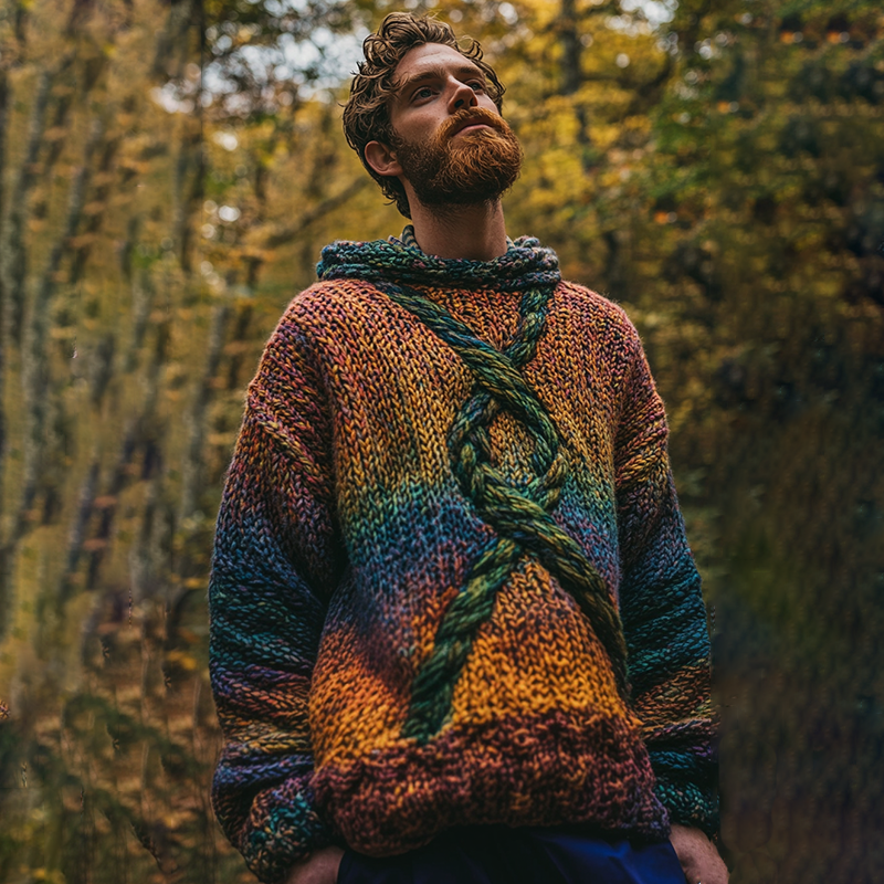 Men's Vintage Rainbow Irish Celtic Knot Jacquard Mottled Hooded Sweater elevenforest
