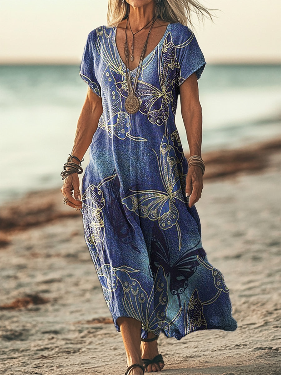 Women's Gradient Butterfly Art Patterns Short Sleeve Pocket Cotton Lin