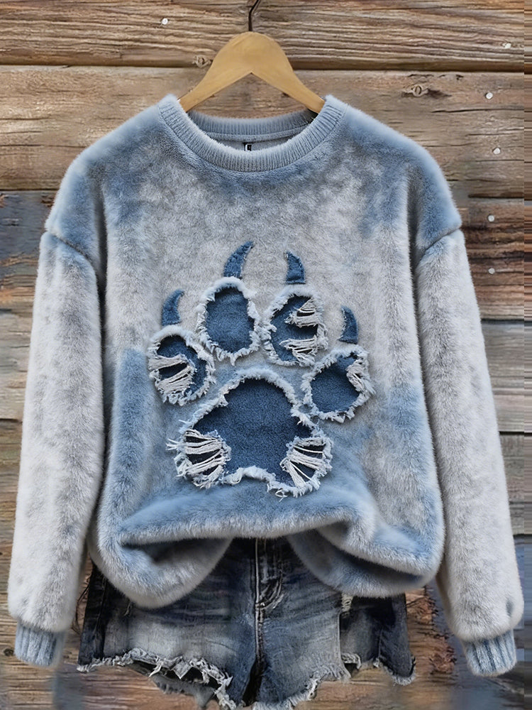 Comstylish Cute Dog Paw Pattern Vintage Cozy Plush Sweatshirt