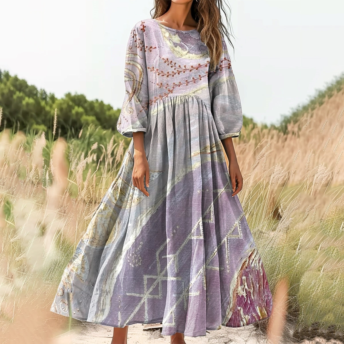 Women's Irregular Pattern Art Print Cotton Round Neck Dress